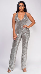 Gianella Silver Deep V Sequin Jumpsuit